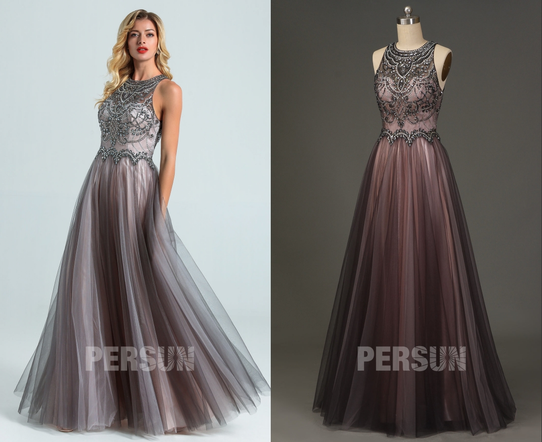 Robe soirée longue grise rose col illusion ornée de strass et dos découpée
